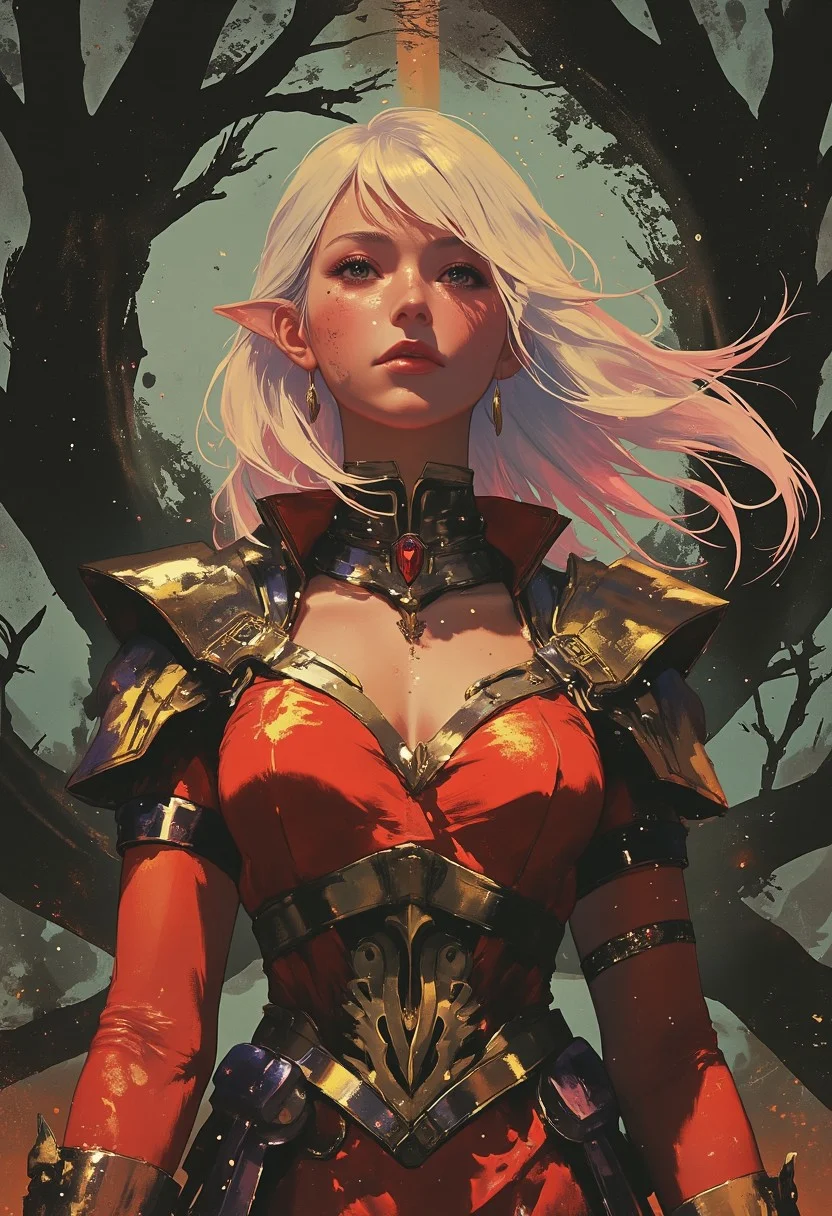 (ArsMJStyle, Colored pencil hyperdetailed realism) A highly detailed, digital fantasy illustration depicting a fierce, adult elven warrior woman. She has long, flowing, platinum blonde hair that is windswept, suggesting movement or a strong breeze. Her skin is pale, and she has pointed, elf-like ears. Her expression is intense and focused, with sharp, piercing eyes that add to her commanding presence. She is wearing a regal, form-fitting red gown that is adorned with intricate, gold armor and decorative elements. The armor covers her shoulders, arms, and torso, featuring ornate designs and motifs, including a large, ornamental breastplate that has a central red gem. The gown has a high collar and long sleeves, with the fabric flowing elegantly around her, creating a sense of movement and grace. The background is dark and mysterious, with shadowy, twisted tree branches and foliage that add to the mystical, otherworldly atmosphere. The colors are rich and deep, with the red of her dress contrasting beautifully against the dark, almost black background. The image has a high level of detail, with textures in the fabric and armor being meticulously rendered, making it a striking and immersive fantasy artwork. HD, ultra-detailed, 8K quality, masterpiece artwork. (background swirl)