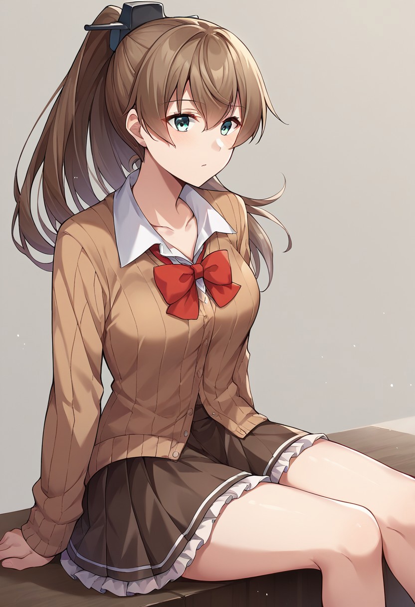 score_9, score_8, score_7, source_anime, kumano (kancolle), ponytail, collarbone, red bow, red bowtie, frilled skirt, medium breasts, brown cardigan, sitting, brown skirt, shirt