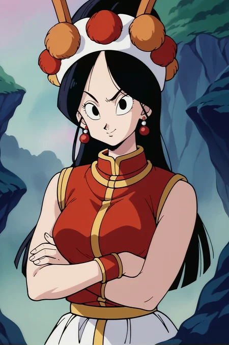 score_9,score_8_up,score_7_up,score_6_up, BREAK annin, retro artstyle, 1girl,upper body,portrait, solo, black hair, black eyes, medium breasts, red vest, white skirt, white headband, pom pom \(clothes\),orange fake antennae,looking at viewer,, blue cliff,blue wall, fog, crossed arms,red earrings,red bracer,sleeveless, <lora:AnninPonyV2:1>