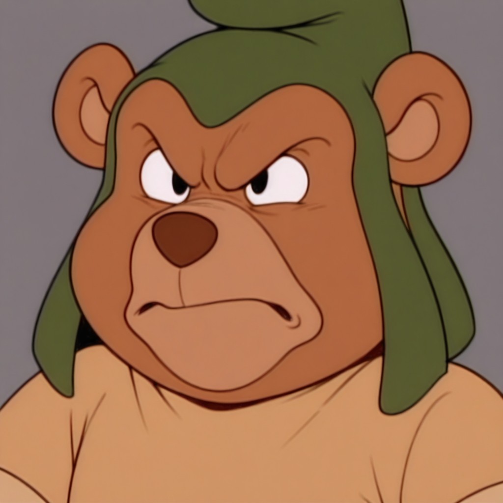 masterpiece, best quality, amazing quality,  gruffi, male, furry male, anthro, solo, bear, brown fur, black eyes, tan muzzle, brown nose, paw pads, short, green hat, brown shirt, brown belt, angry, annoyed, close up, portrait, grey background