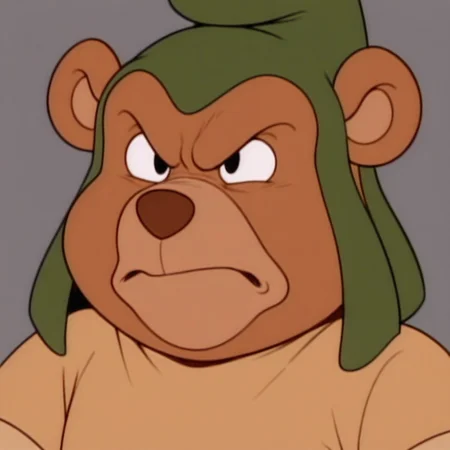 masterpiece, best quality, amazing quality,  gruffi, male, furry male, anthro, solo, bear, brown fur, black eyes, tan muzzle, brown nose, paw pads, short, green hat, brown shirt, brown belt, angry, annoyed, close up, portrait, grey background