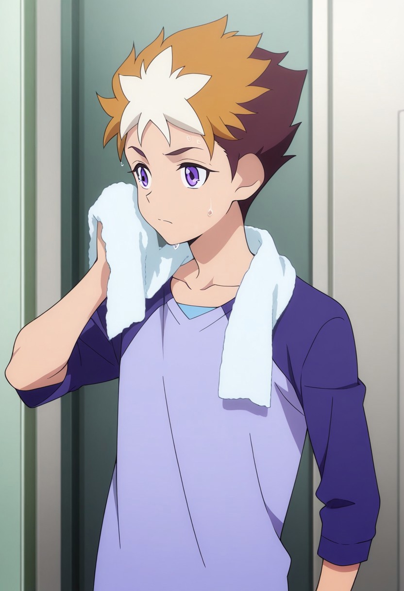 masterpiece,best quality,amazing quality, source_anime,
SubaruMakabe, 1boy, male focus, solo, purple eyes, multicolored hair, brown hair, white hair, collarbone, shirt, purple shirt, short sleeves, raglan sleeves, indoor, towel around neck, wet hair,