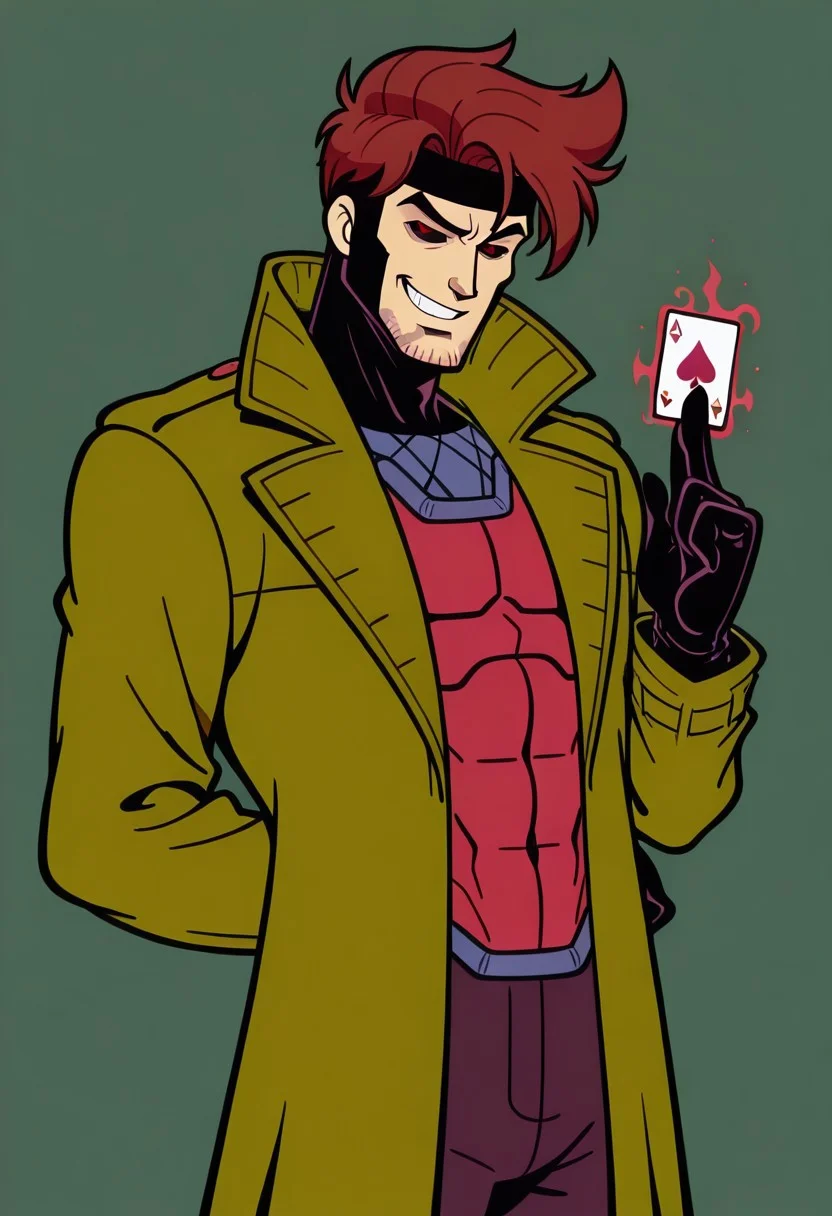 masterpiece, best quality, very aesthetic, absurdres, safe, Dsk_Remy_Lebeau, 1boy, auburn hair, beard, black sclera, card, colored sclera, facial hair, gloves, holding, holding card, jacket, looking at viewer, male focus, playing card, red eyes, simple background, smile, solo, stubble, toon \(style\), cartoony style, flat color, black eyes, red iris, <lora:bbf2daa2-8daa-44f6-a4d8-e9b95ac74e61:0.7>