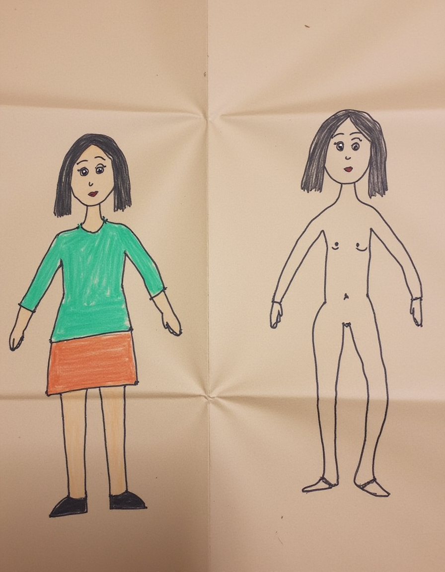 Two stick figure drawings of a female figure, drawn on a brown paper bag using simple crayon strokes. The image on the left has a green shirt and skirt. The image on the right side has no clothes at all. Both have matching hair, crudely drawn.