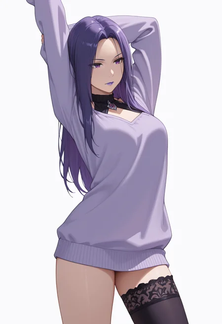 Smooth Quality,masterpiece,very intricate, high quality details, ultra realistic, high detailed skin,detailed enviorement,absurdres,
<lora:nagi_CNR:0.8> nagi_cnr, 1girl,purple hair, long hair, purple eyes, purple lips, gothic fashion,, simple background, white background, front view,solo,
stretching, one arm raised, other on hip, slight side bend, relaxed body, ,, + -,, pullover,,halter top, ,single leg thighhigh, ,