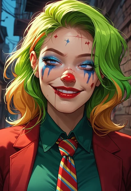 score_9, score_8_up, score_7_up, score_6_up, rating_explicit, source_western, Ellie Buckingham, ((Bright Blond hair)), Blond Hair, Blond Bright blue eyes. Very large breasts, torpedo breasts, humongous breasts Western Style Artwork. Bold Lines,
joker \(dc\), (clown makeup, white face, smeared lipstick, red lipstick, facial mark, facepaint, blue makeup, red nose:1.3), upper body, solo, empty eyes, (impossible wide smile, crazy smile), half-closed eyes, staring, green shirt, collared shirt, red blazer, yellow boutonniere, loose necktie, striped necktie, multicolored hair, green hair, eerie atmospher, dark alley, complex background, night,