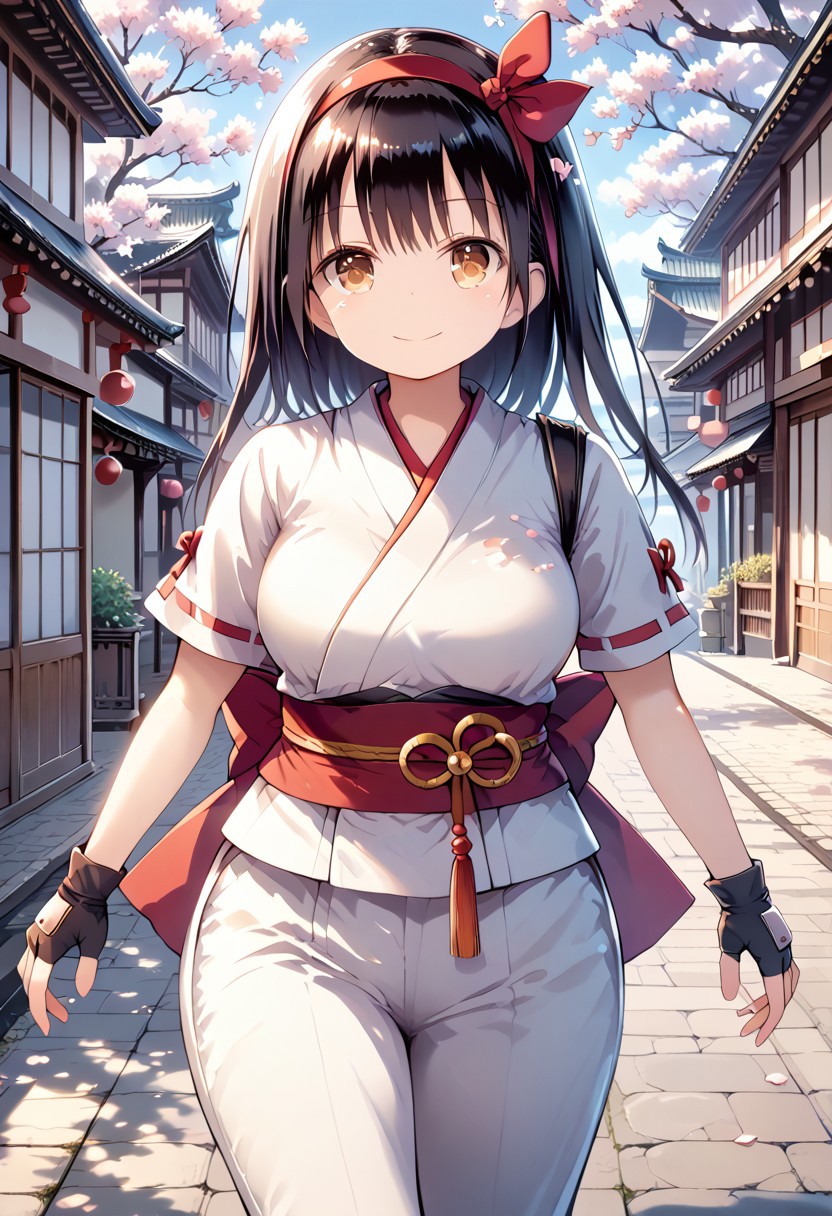 score_9, score_8_up, score_7_up, 1girl, FujisakaLP, mature woman, masterpiece, best quality, ultra high res, (big breasts1.2). smiling, happy, wide thighs, wide hips,  (detailed eyes:1.2), masterpiece, best quality,1girl, solo, nakorurums, red bow, bow, long hair, hair bow, ainu clothes, solo, hairband, black hair, fingerless gloves, short sleeves, gloves, sash, bangs, red hairband, breasts, brown eyes, white pants, japanese clothes, masterpiece, light smile, (illustration: 1.5), running toward viewer