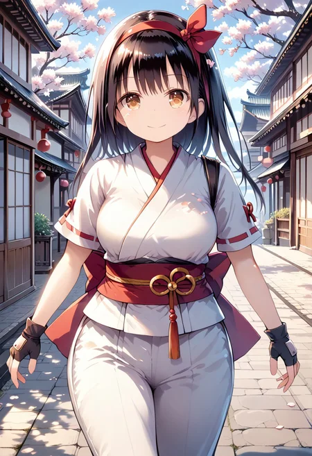score_9, score_8_up, score_7_up, 1girl, FujisakaLP, mature woman, masterpiece, best quality, ultra high res, (big breasts1.2). smiling, happy, wide thighs, wide hips, (detailed eyes:1.2), masterpiece, best quality,1girl, solo, nakorurums, red bow, bow, long hair, hair bow, ainu clothes, solo, hairband, black hair, fingerless gloves, short sleeves, gloves, sash, bangs, red hairband, breasts, brown eyes, white pants, japanese clothes, masterpiece, light smile, (illustration: 1.5), running toward viewer
