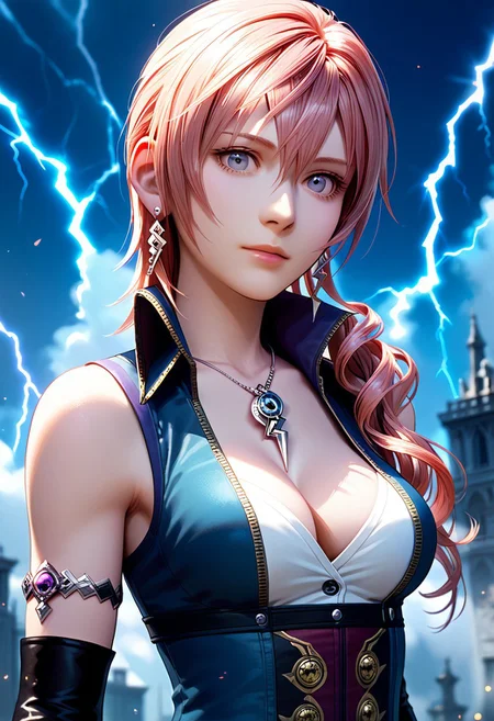 score_9,score_8_up,score_7_up,source_anime, Serah Farron,1girl,solo,breasts,gloves,cleavage,jewelry,medium breasts,upper body,earrings,elbow gloves,necklace,bracelet,lightning farron,