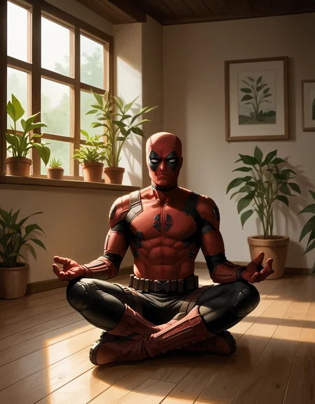 score_9, score_8_up, score_7_up, score_6_up, score_5_up, score_4_up, robot, 1boy, deadpool, hud_m3dit4tion, indian style, sitting, on floor, pants, facing viewer, boots, closed eyes, <lora:hud_m3dit4tion_XLP:0.8>, indoors, window, day, plant