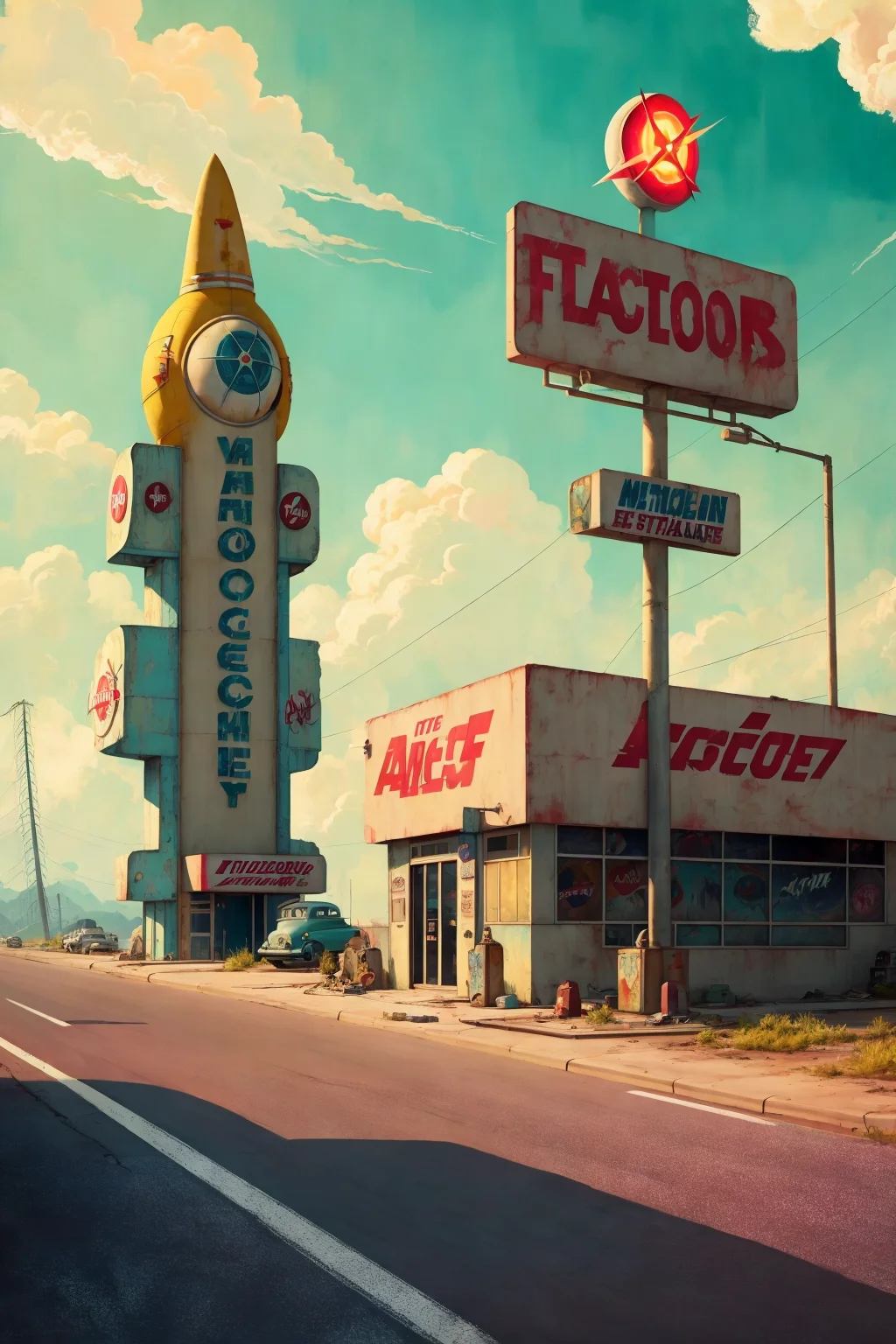 cars around abandoned gas station sign made from a rocket (AtomPunkStyleSD15:1.0)
(masterpiece:1.5) (painting:1.1) (best quality) (detailed) (intricate) (8k) (HDR) (wallpaper) (cinematic lighting) (sharp focus)
