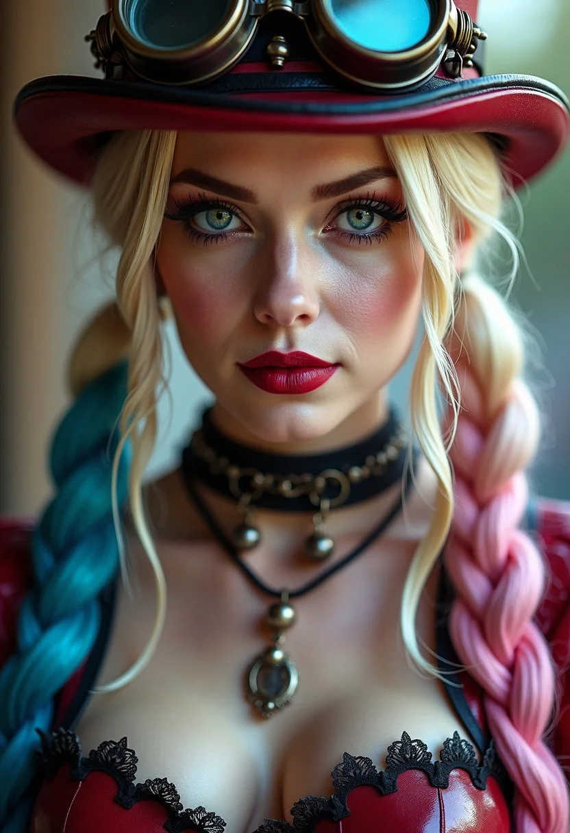 close up of Harley Quinn, long blonde hair divided into two ponytails with one end in blue and the other in pink, wearing a steampunk style top hat, she has goggles over the top hat, beautiful female paladin, anastasia ovchinnikova, witch clothes , outer worlds, stunning design, imperious, matriarchy, inspired by Jodorowsky, tengri, leblanc, anya_taylor-joy, discord, female beauty realistic face", detailed face, human, high detail, natural skin texture. Photographer style Platon 85mm Camera Lens: f/1.8