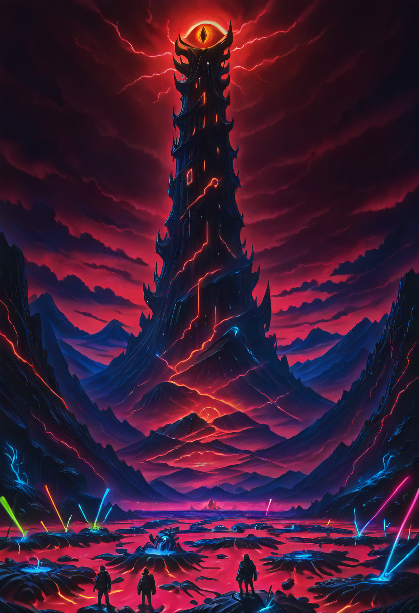 masterpiece, best quality,  L0rd0fTh3R4v3s, b1g3y3, standing, outdoors, cloud, glowing, cloudy sky, scenery, mountain, giant, lightning, red sky, molten rock,   ,<lora:SauronsRaveTower_IXL_v1:1.0>,