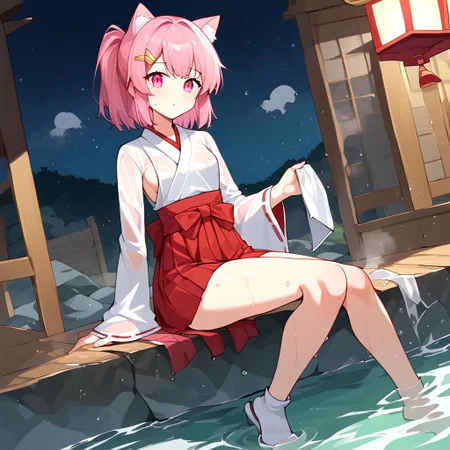 Aomokoka Style,nochekaisershot,
1girl,japanese clothes, hairclip, wide sleeves, ribbon trim, long sleeves, hakama skirt, miko, sleeves past wrists, red hakama, white kimono, tabi, ribbon-trimmed sleeves, pinching sleeves,yuika3,cat ears,Expressiveh,nochekaisershot,pink hair,solo,pink eyes,wet clothes,see-though,in the water