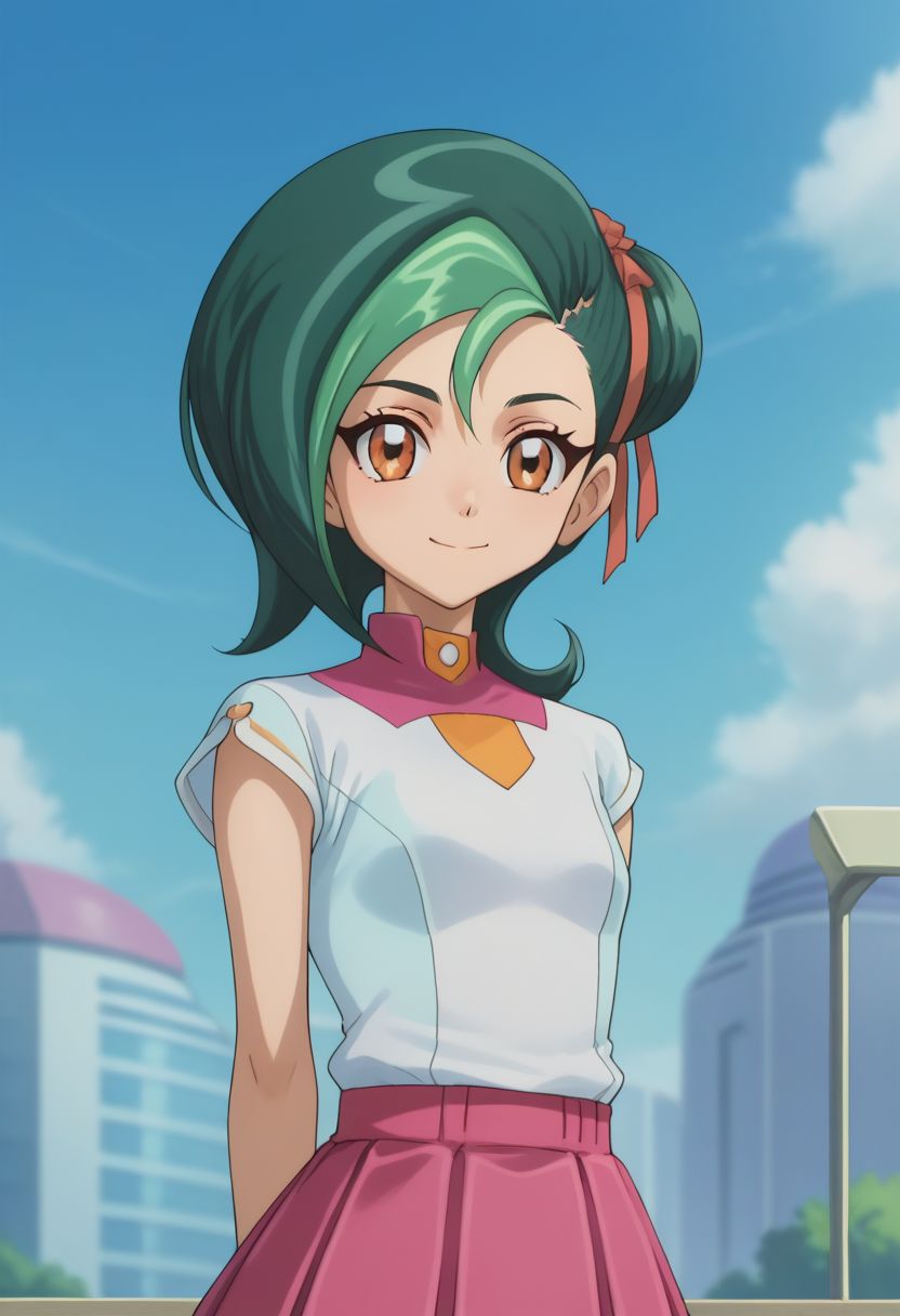 score_9, score_8_up, score_7_up, source_anime, highly detailed, 
tori, 1girl, green hair, solo, hair bun, skirt, multicolored hair, two-tone hair, brown eyes, single hair bun, ribbon, hair ribbon, school uniform, upper body, arms behind back, smile,
outdoor, sky,