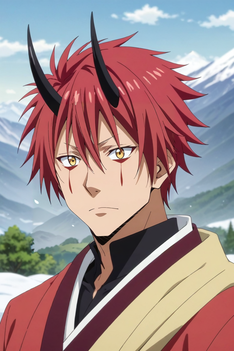 score_9, score_8_up, score_7_up, source_anime, rating_safe, intricate details, anime screencap, , official style, , depth of field, 1boy, solo, male focus, <lora:benimaru_tensura_pony:0.82>, benimaru_tensura, red hair, yellow eyes, hair between eyes, horns, oni horns, facial mark, panorama, snowy mountain, dawn, leaning back, :D, , <lora:sdxl_lightning_8step_lora:1>