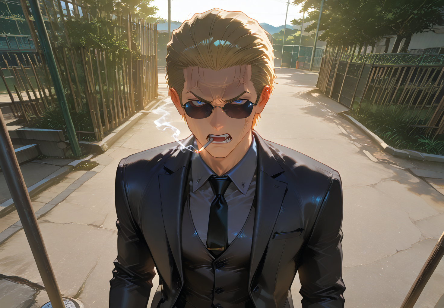 IllusP0s, PonyScores7, source_anime, ah1, IllustriousQual, interesting, exciting, spectacular, wonderful, amazing quality, absolutely eye-catching,  
BREAK <lora:xl_more_art-full_v1:0.2>, <lora:aesthetic_anime_v1s:0.2>, <lora:EpicF4nta5yXL:0.2>, <lora:detailxl:0.2>, detailxl, <lora:Fant5yP0ny:0.2>, amazing quality, best aesthetic, absurdres, illustration, Volumetric_Lighting, ultra-detailed, very aesthetic, intricate details, best_quality, lazympos, <lora:Add_Details_v1.2:0.2>, <lora:quality_modifiers_masterpieces_v1:0.2>, <lora:ZootPonyAnime_V1_r2:0.2>, <lora:Bestifacator2:0.2>, anime style,
BREAK ((time paradox creator, wearing a suit that distorts time around them with a device that creates temporal anomalies)),
BREAK Stable_Yogis_PDXL_Positives, AS-Adult, <lora:Complicated fantasy portrait - XL Pony V2.0:0.2>, <lora:HDA_Detailer:0.3>, AS-MidAged, (((from above), (from back), focus on chest)),
BREAK (((<lora:albertwesker-guy-PONYv1:0.8>, albertwesker, 1boy, toned, athletic, fit, mature male))), <lora:shinyskin2:0.2>, glistening skin, <lora:perfection style:0.2>, perfection style, perfection, 
BREAK ((<lora:Gentle_Noir_Style:0.5>, gentle noir, male focus, shirt, jacket, suit, vest, black necktie, formal, cigarette, smoking)), ((sunglasses:1.3)), 
BREAK ((slicked back hair, (short hair:1.7), blonde)), <lora:hairdetailpxl:0.2>, hairdetailpxl, 
BREAK ((angular face, sharp_featured face, handsome, charming, alluring)), blue eyes, expressive eyes, <lora:perfect-eyes:0.4>, perfecteyes, EyesHD, <lora:DetailedEyes_xl_bdsqlsz_V1:0.2>, <lora:Eyes_Lora_Pony_Perfect_eyes:0.2>, <lora:focusoneyes:0.2>, <lora:cinematic eye color style illustrious v1:0.2>, <lora:Eyes_High_Definition:0.2>, EyesHD,
BREAK ((angry, anger vein)), <lora:Expressive_H:0.2>, Expressiveh, <lora:Emotional_Anime_Expressions_PonyXL_Concept:0.2>, emotional, <lora:Best_Facial_Expression_LoRA_PONY:0.2>, looking at viewer, <lora:Detailed expressive EXEV style -XL Pony V1.0:0.2>, FaceDetail,
BREAK (((<lora:Okubo Park Shinjuku City-polefence anyillustriousXLFor_110 B14:0.9>, Okubo Park, public park, outdoors, pole fences, wooden fences))), <lora:Background Detailer - SDXL:0.2>, 4k, 8k, Ultra HD, Masterpiece, Best quality, Detailed background, <lora:Add_more_details_V2_XLpony:0.2> full_details, <lora:background-type1:0.2>, <lora:AddMicroDetails_Illustrious:0.2>, addmicrodetails, SmoothNoob_Quality,