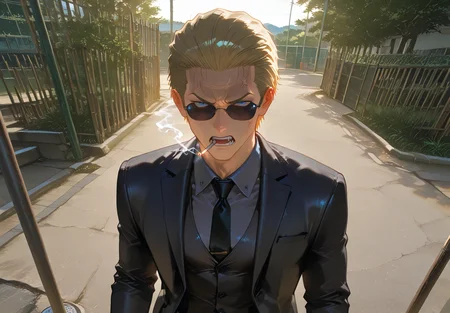 IllusP0s, PonyScores7, source_anime, ah1, IllustriousQual, interesting, exciting, spectacular, wonderful, amazing quality, absolutely eye-catching,
BREAK <lora:xl_more_art-full_v1:0.2>, <lora:aesthetic_anime_v1s:0.2>, <lora:EpicF4nta5yXL:0.2>, <lora:detailxl:0.2>, detailxl, <lora:Fant5yP0ny:0.2>, amazing quality, best aesthetic, absurdres, illustration, Volumetric_Lighting, ultra-detailed, very aesthetic, intricate details, best_quality, lazympos, <lora:Add_Details_v1.2:0.2>, <lora:quality_modifiers_masterpieces_v1:0.2>, <lora:ZootPonyAnime_V1_r2:0.2>, <lora:Bestifacator2:0.2>, anime style,
BREAK ((time paradox creator, wearing a suit that distorts time around them with a device that creates temporal anomalies)),
BREAK Stable_Yogis_PDXL_Positives, AS-Adult, <lora:Complicated fantasy portrait - XL Pony V2.0:0.2>, <lora:HDA_Detailer:0.3>, AS-MidAged, (((from above), (from back), focus on chest)),
BREAK (((<lora:albertwesker-guy-PONYv1:0.8>, albertwesker, 1boy, toned, athletic, fit, mature male))), <lora:shinyskin2:0.2>, glistening skin, <lora:perfection style:0.2>, perfection style, perfection,
BREAK ((<lora:Gentle_Noir_Style:0.5>, gentle noir, male focus, shirt, jacket, suit, vest, black necktie, formal, cigarette, smoking)), ((sunglasses:1.3)),
BREAK ((slicked back hair, (short hair:1.7), blonde)), <lora:hairdetailpxl:0.2>, hairdetailpxl,
BREAK ((angular face, sharp_featured face, handsome, charming, alluring)), blue eyes, expressive eyes, <lora:perfect-eyes:0.4>, perfecteyes, EyesHD, <lora:DetailedEyes_xl_bdsqlsz_V1:0.2>, <lora:Eyes_Lora_Pony_Perfect_eyes:0.2>, <lora:focusoneyes:0.2>, <lora:cinematic eye color style illustrious v1:0.2>, <lora:Eyes_High_Definition:0.2>, EyesHD,
BREAK ((angry, anger vein)), <lora:Expressive_H:0.2>, Expressiveh, <lora:Emotional_Anime_Expressions_PonyXL_Concept:0.2>, emotional, <lora:Best_Facial_Expression_LoRA_PONY:0.2>, looking at viewer, <lora:Detailed expressive EXEV style -XL Pony V1.0:0.2>, FaceDetail,
BREAK (((<lora:Okubo Park Shinjuku City-polefence anyillustriousXLFor_110 B14:0.9>, Okubo Park, public park, outdoors, pole fences, wooden fences))), <lora:Background Detailer - SDXL:0.2>, 4k, 8k, Ultra HD, Masterpiece, Best quality, Detailed background, <lora:Add_more_details_V2_XLpony:0.2> full_details, <lora:background-type1:0.2>, <lora:AddMicroDetails_Illustrious:0.2>, addmicrodetails, SmoothNoob_Quality,