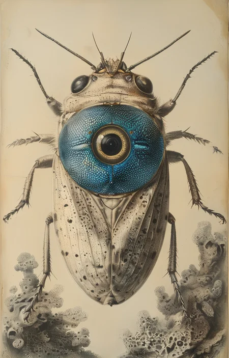masterpiece,best quality,<lora:tbh248-sdxl:0.8>,illustration,style of Micrographia,cell:1.5,Microscopic compound eye,