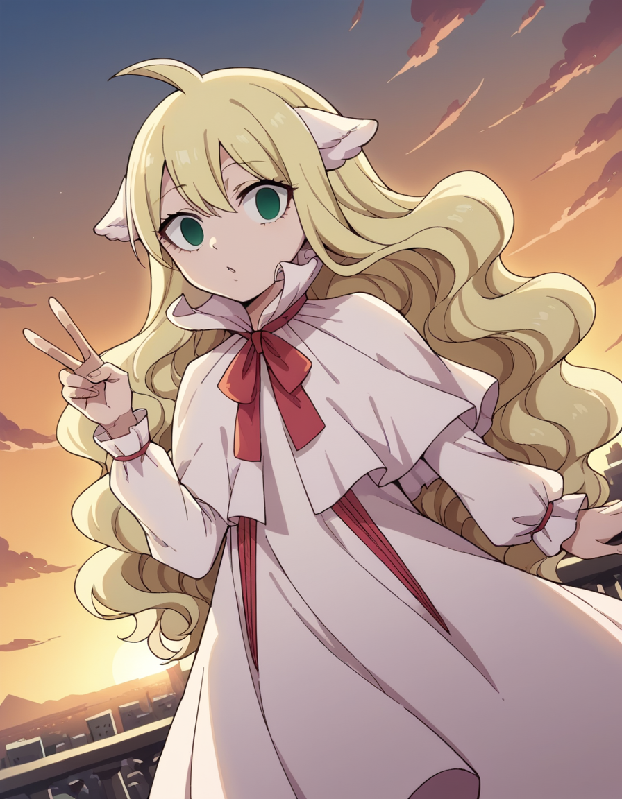 score_9, score_8_up, score_7_up, source_anime, <lora:mavis-vermillion-anime-ponyxl-lora-nochekaiser:1>, mavis, long hair, blonde hair, green eyes, ahoge, wavy hair, animal ears,, dress, white dress, collar, ribbon, red ribbon, capelet, long sleeves,, rooftop, sunset, cityscape, quiet moment, wind blowing, contemplative, , looking at viewer, hand making a peace sign, solo,, cowboy shot, dutch angle
