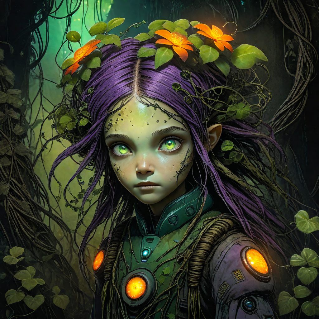 cheyenne, echelier, eulera, alien female, Overgrown vines and flowers woven into hair, Cinematic concept art, High-dynamic range (HDR) effects, Faint glowing embers scattered throughout, Rustic Sci-Fi Earthtones alien_wanderer, <lora:artfully_YOUNGALIEN_SDXL:0.8>,