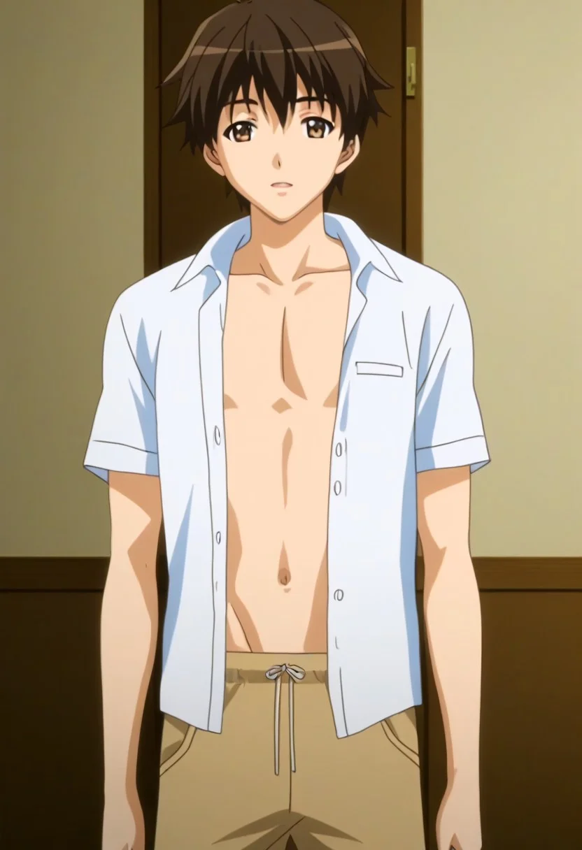 ((masterpiece)), ((best quality)), ((ultra-detailed)), ((absurdres)), score_9_up, score_8_up, score_7_up,
HD, top quality, best quality, amazing quality, High-quality illustrations, anime screencap, source_anime, best aesthetic, perfect proportions, perfect eyes, 1boy, 1male, solo boy, solo male, male focus, solo male focus, Anime, boy, male anime character, anime boy, handsome, sexy, cute, charming, ((looking at front, looking at viewer)), ((front shot, front view, view from front)), ((cowboy shot, head to hips shot)), ((tall body, tall height)), ((lean body, slim body)), Tomoya Mochizuki, brown hair, brown eyes, blue open shirt, light brown shorts, ((inside room, brown room, sliding doors)), easynegative, updn, Expressiveh, masterpiece, best quality, very aesthetic, absurdres