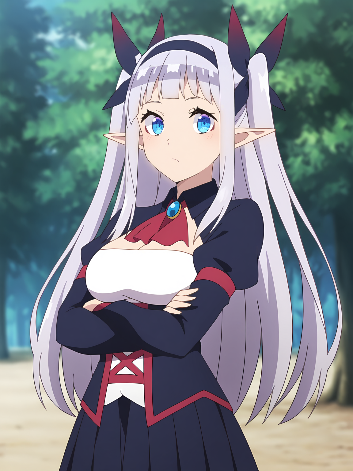 <lora:Rurushi_Ru:0.8>, rurushi_ru, 1girl, solo, blue eyes, red eyeshadow, pointy ears, long hair, grey hair, twintails, blunt bangs, hair bow, red ribbon, gem, puffy sleeves, long sleeves, red trim, cleavage cutout, underbust, corset, pleated skirt, :/, closed mouth, looking at viewer, standing, crossed arms, upper body, outdoors, tree, blurry background, day