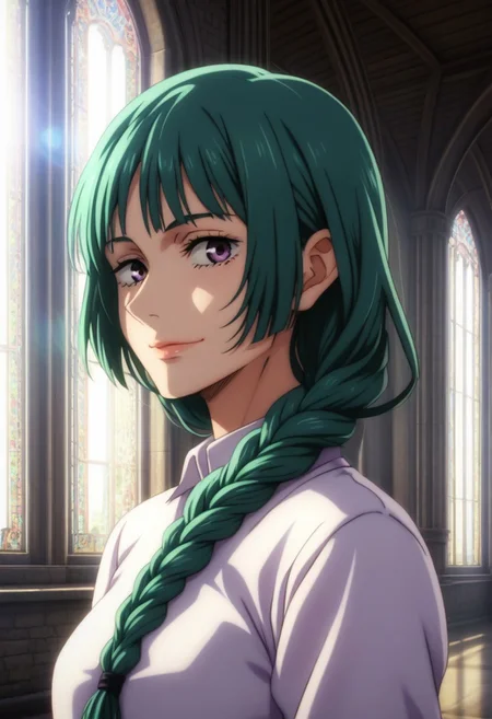 score_9, score_8_up, score_7_up, source_anime, intricate details, anime screencap, perfect balance, official art, extremely detailed CG unity 8k wallpaper, perfect lighting, Colorful, Warm_Front_face_Lighting, (masterpiece:1.0),(best_quality:1.0), ultra high res,4K,ultra-detailed, photography, 8K, HDR, highres, absurdres:1.2, Kodak portra 400, blurry background, bokeh, lens flare, (Anime) (vibrant_color:1.2), professional photograph, night, (good_face:1.2), 2d, anime, upper body, intricate iris, American, 1960s, 1970s, Professional character design, 1girl, female focus, (vibrant amethyst purple eyes), perfect eyes, (bright green-teal hair), (Long Silky smooth hair), (pretty hair), (beautiful hair), (curtain bangs), braided hair, preppy, white dress shirt, youthful, feminine, sultry, solo, jujutsu_kaisen_style, character portrait, (perfect-lighting, lens flare), face, torso, (Charming) (Beautiful) (Elegant) (Sophisticated smile), feminine, young, (Wealthy, manor, extravagant, ornate embellishments, coastal, shore, cliff), warm sunlight, dawn, (sunlight), (warm lighting), comfortable lighting. turquoise hair, teal hair, blue-green hair
