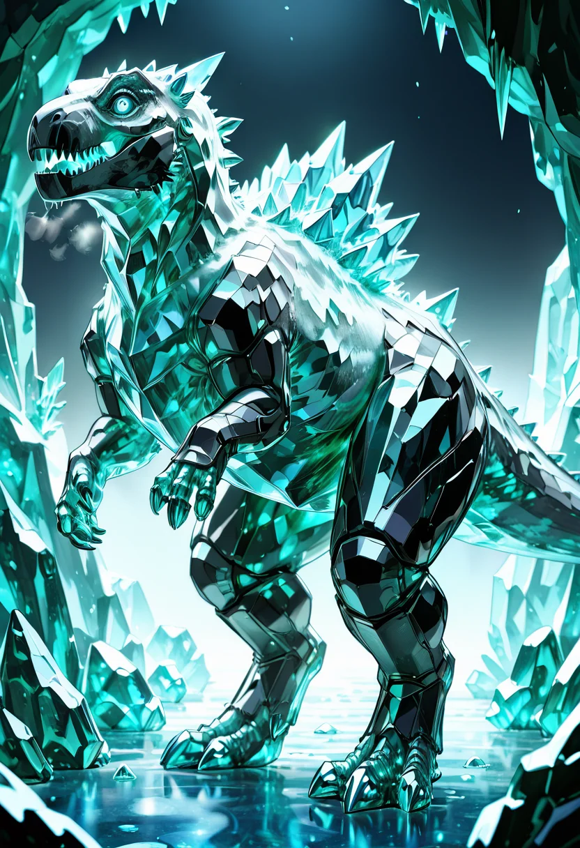 masterpiece, best quality, no humans, ,<lora:CrystalKingDino_IXL:0.8>, zzCrystalKing, translucent blue crystal, frost-covered spikes, frozen breath, piercing gaze, ice cavern, glacial landscape, walking pose, side view, soft cold lighting, still and regal atmosphere â Inside a towering ice cavern, the zzCrystalKing moves with silent majesty. Its body, forged from frozen blue crystal, refracts the pale light through jagged facets. Each step leaves a trail of brittle frost, its breath forming clouds of diamond dust. Snowdrifts line its back like armor, and frost blooms across the cave walls in its wake. With every motion, the creature embodies ancient patienceâlike a god of winter emerging from hibernation.
