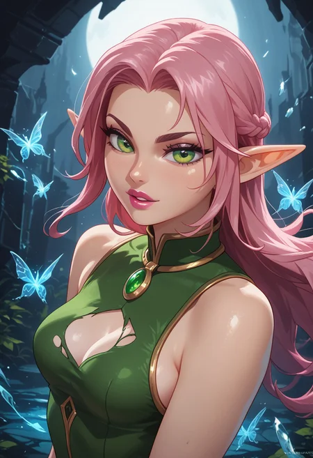 score_9, score_8_up, score_7_up, realistic,zPDXL3, Pov from the side, dynamic pose, beautiful, pink hair, female elf rogue, perfect detailed face, glowing green eyes, long hair, small breasts, magic effects, pink lipstick, parted lips, ripped clothes, holding enchanted shortsword, the sword is black with silver glowing details, dungeon background,
BREAK
 (8k uhd:1,4)
<lora:add-detail-xl:1>
<lora:Dynamic Poses:1>
<lora:DandonFuga_Style_v.2_-_Pony:0.8>