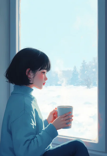 Digital illustration of a young woman with short, curly hair, wearing a light blue sweater and sitting by a large window. She gazes outside at a snowy landscape, holding a steaming mug in her hands. The background features cool tones, with soft white snow and pale blue sky visible through the window. The style is clean and modern, with flat colors and subtle gradients, capturing a peaceful and reflective atmosphere. The contrast between the warm indoor light and the cool outdoor scene emphasizes the coziness of the moment