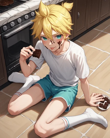 score_9,score_8_up,score_7_up,score_6_up,score_5_up,score_4_up,source_anime,<lora:kagamine len:0.9>,kagamine len,short hair,short ponytail,spiked hair,aqua eyes,little boy,
kagamine len, 1boy, male focus, chocolate, shorts, solo, looking at viewer, sitting, tongue out, tongue, socks, food on face, shirt, food, kitchen, white shirt, on floor, from above, blush, wariza, blue shorts, white socks, indoors, sweater, tiles, food on body