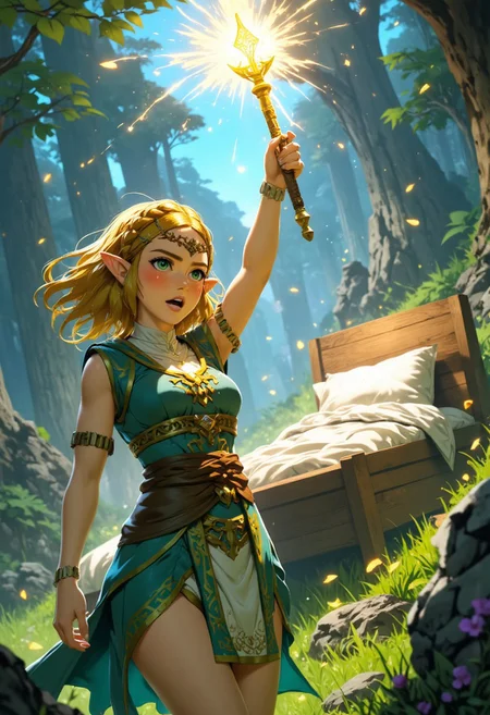 "A semi-realistic 3D anime full-body shot of Princess Zelda from The Legend of Zelda, captured mid-action, holding up a magical staff high above her head and conjuring a wooden bed with white sheets and a pillow out of nothing. Sparkling magical energy surrounds the staff and bed.
She has long, flowing blonde hair and piercing green eyes with a determined expression as she shouts. Zelda wears an elegant white and green dress adorned with golden patterns and a sparkling jewel at the top of her staff. The magical staff is held high in one hand, glowing with magical sparkles.
The scene is set in a lush forest, where sparkling magic creates the bed from thin air. Zelda is on one side of the frame and the bed is slightly in the distance on the other.
Capture the excitement of the battle atmosphere as Zelda strikes a dynamic pose with her staff raised high, pointing upward. The lighting is soft and ethereal, enhancing the beauty and magic of the scene. (best quality, highly detailed, engaging, dynamic pose, magical effects, 1girl, solo, Z3ld3k1ck1x, mythp0rt, S1n0z1ck style)"
