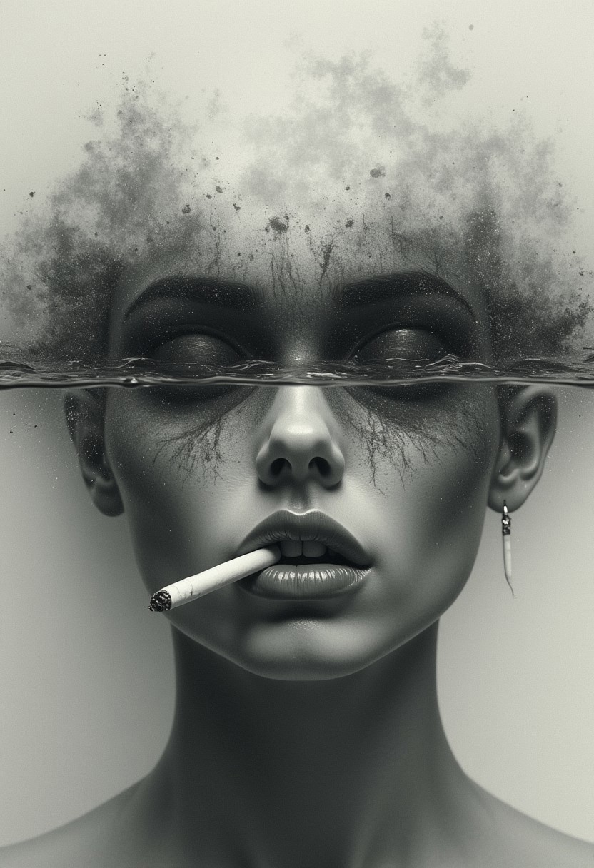 A surreal artwork showing a woman face with a cigarette in their mouth.  upper face is obscured by what looks like a crashing blending nature and human elements. The image has a monochromatic, abstract feel, and the waves cover the eyes, creating a mysterious and dreamlike atmosphere