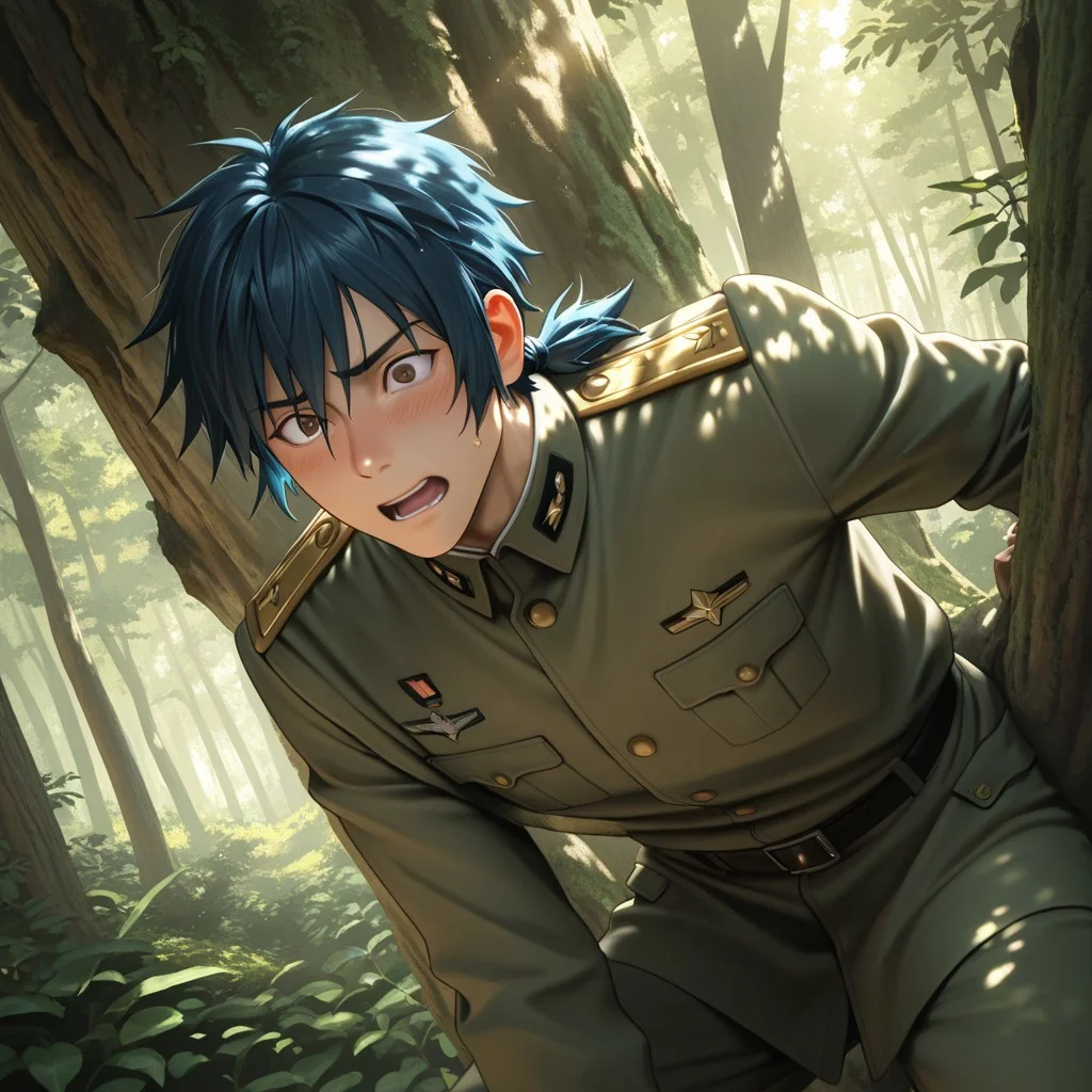 masterpiece, best quality, amazing quality, absurdres, newest, detailed background, definition so sharp, Ultra-HD, 8K cinematic, very awa, impressionate, amazing quality, highres,
solo, male focus, manly,
daikakukokujouji, 1boy, short hair, tied hair, low tied hair, lieutenant_pretime, lieutenant_blue hair, lieutenant_brown eyes, climbing, excited expression, but slipping, forest, sunlight, dappled light, energetic, adventurous, clumsy, charming, youthful