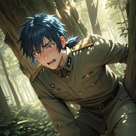 masterpiece, best quality, amazing quality, absurdres, newest, detailed background, definition so sharp, Ultra-HD, 8K cinematic, very awa, impressionate, amazing quality, highres,
solo, male focus, manly,
daikakukokujouji, 1boy, short hair, tied hair, low tied hair, lieutenant_pretime, lieutenant_blue hair, lieutenant_brown eyes, climbing, excited expression, but slipping, forest, sunlight, dappled light, energetic, adventurous, clumsy, charming, youthful