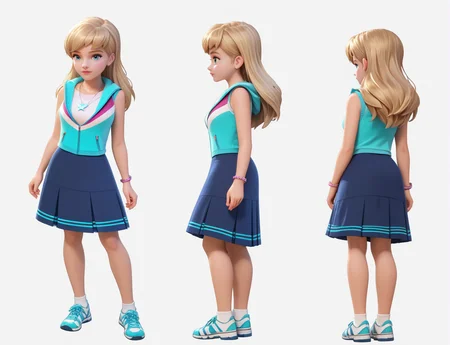 (zPDXL3) source_cartoon, Perfect Hands, full body, handsfree,
1girl, solo, stephanie, blue eyes, long hair, blonde hair, blue skirt, shirt, sleeveless hoodie, necklace, bracelet, socks, blue shoes, sneakers, character sheet, ultra detailed,  (multiple views:1.2), (manga:0.3), dynamic perspectives, pretty face,  <lora:XL_Manga_boxes__Comic_page_layout_generator:0.3>,  cover,  (ultra wide angle shot:0.65), shallow depth of field, background figure reveal, smooth skin texture, 
 <lora:Stephanie_-_lego_friends:1> <lora:Perfect Hands:1>