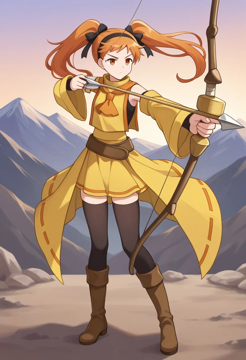 1girl, solo, linalyuri, orange hair, long hair, twintails, hair ribbon, hairband, orange eyes, sleeveless shirt, detached sleeves, tabard, ascot, skirt, waist cape, belt, thighhighs, boots,, outdoors, quarry, mountain, full body, serious, holding bow (weapon), serious, aiming,