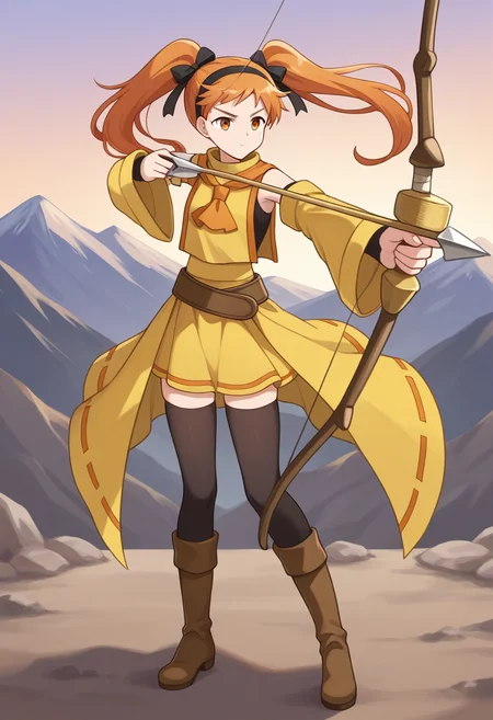 1girl, solo, linalyuri, orange hair, long hair, twintails, hair ribbon, hairband, orange eyes, sleeveless shirt, detached sleeves, tabard, ascot, skirt, waist cape, belt, thighhighs, boots,, outdoors, quarry, mountain, full body, serious, holding bow (weapon), serious, aiming,