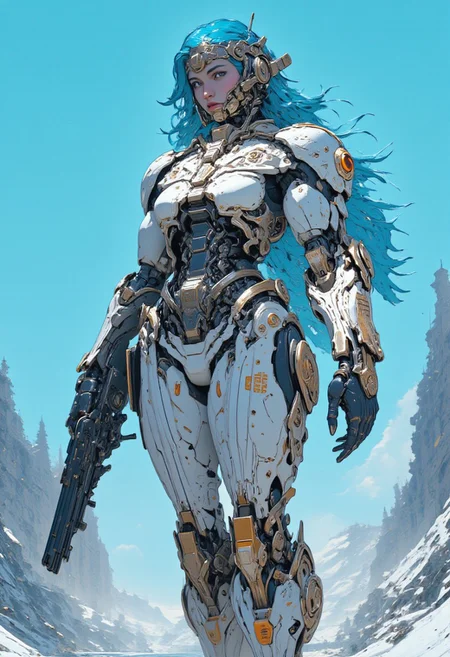 anime art style,cyberpunk, A sesquipedalian depiction of a solitary female cyborg, ensconced in an exoskeletal carapace of pearlescent white and tangerine, stands against a cerulean expanse. Rendered in a hyperrealistic style, the composition is a medium shot, captured from a low angle, imbuing the subject with an air of formidable puissance. Her cerulean tresses, like silken filaments, cascade around her, posing with the angularity of her mechanized form. The meticulous detail extends to the patina of wear on her armor, hinting at battles fought and victories won. The emphasis should be placed on the intricate network of mechanical sinews and pneumatic actuators that articulate her every move. Her gloved hand grip hard really heavy gun, assalut rifle made from black shiny steel. The background is a blurred tableau of an arctic tundra, the ethereal luminescence suggesting a nascent dawn or the ghostly aurora borealis. epic details.<lora:BLUE_mk4_angel_FLUX_03:1.4> <lora:CPA:1> <lora:flux.1_lora_flyway_Epic-detail_v2:1>