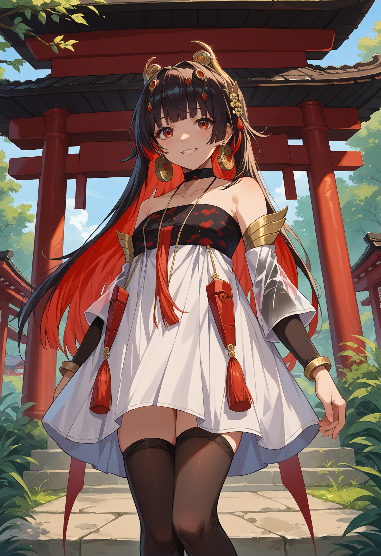 score_9, score_8_up, source_anime, 1girl, solo, LuciaEventide, long hair, colored inner hair, blunt bangs, hair ornament, earrings, black choker, jewelry, necklace, white dress, strapless dress, red tassel, detached sleeves, see-through, black thighhighs, outdoors, shrine, smile, <lora:ChamLuciaPlumePonyXL:1>