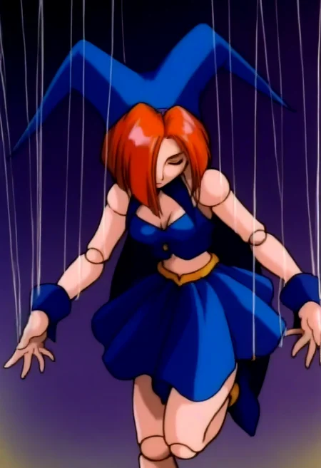 masterpiece, best quality, solo, 1girl, <lora:Darkstalkers-Ova-illus_Fp:1>, 1990s \(style\), retro artstyle, <lora:MarionetteVsav-pdxl_Fp:1>, mitte, orange hair, short hair, closed eyes, doll joints, jester cap, midriff, blue skirt, wrist cuffs, collar, puppet strings, jester, hair over one eye, blue footwear, cleavage, puppet, sleeveless, bare shoulders, floating,