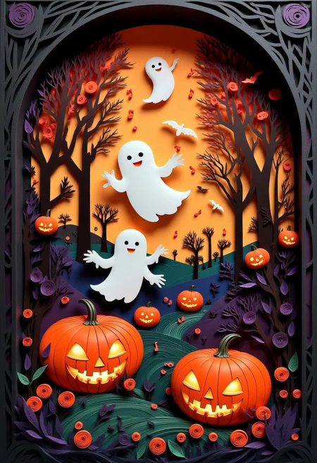 This paper quilling, layered paper piece features a cute ghost and a bat floating and dancing over large grinning jack-o-lanterns in a moonlit forest, and musical notes swirling in the air, with an elegant, serene atmosphere highlighted by the soft glow of the moon, and framed with artistic trees. The color scheme is orange, red, black, purple, navy blue, brown, and dark green.