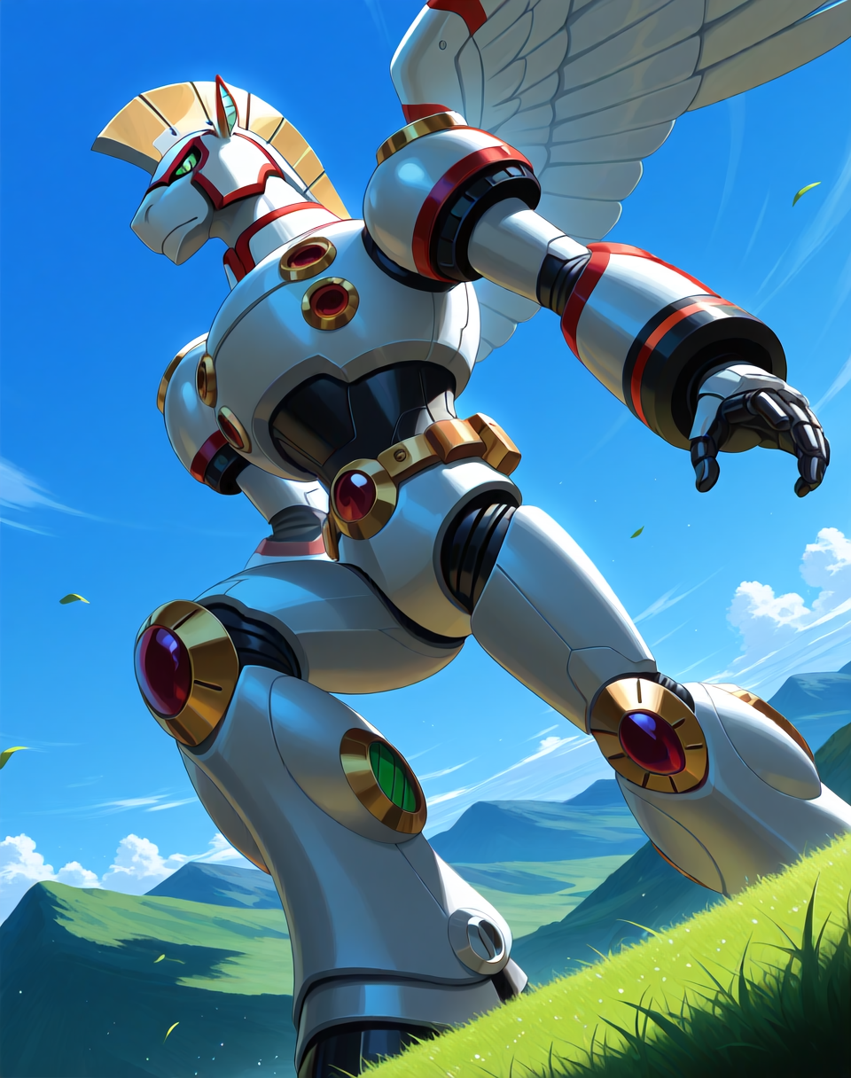<lora:Spiral_Pegasus_(Mega_Man_X)_(Illustrious)_(AD):0.85> Spiral Pegasus, reploid, MMX, 
exterior, blue sky with clouds, mountain valley, grassy valley,
dutch angle, dynamic action, cowboy shot, 
male focus, intense shadows, dynamic shadows, intricate details, attention to details, gradient coloring, robot, bright vivid colors, deep metallic colors, glossy metal body, 
BREAK very awa, masterpiece, best quality, amazing quality, very aesthetic, highres, absurdres,
EZRealPONYXL, zPDXL, Smooth Quality, lazynsfw,