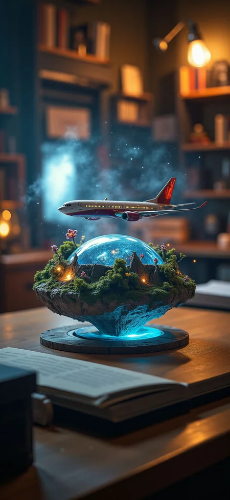 (indoor,very wide isometric view,tilt-shift lens:1.6), (A miniature diorama of:2.5) of (stasis _chamber:1.5), gradation, gradation,(galaxy,milky way:1.3), boeing 737 at (floating island,levitating island:1.5) on (table:2) at (study:2.5) <lora:Diorama_Flux:1>