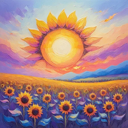 ArsMJStyle, Oil Pastels ,<lora:Oil_Pastels:1>, <lora:add-detail-xl:1.2> Vibrant sunflower field at sunset, thick impasto strokes, rich yellows and oranges blending with deep purples in the sky, visible pastel texture on canvas, Van Gogh inspired, warm color palette