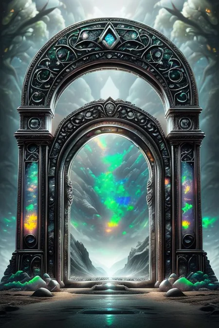 Hyperrealistic art, lush green wooded mountain pass landscape, a fantasy glowing Vivid multi-colored Runes covered ((silver)/(black ral-opal)) Circular gate (portal:1.3), a detailed matte painting by Mike Winkelmann, cgsociety, fantasy art, blue sky, Extremely high-resolution details, photographic, realism pushed to extreme, fine texture, incredibly lifelike