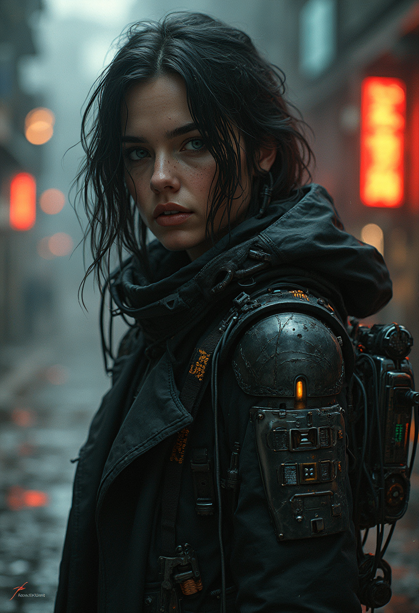 cyberpunk_edgerunners style, augmented allure, ai integration specialist android young irish woman, virtual black market trading hub, wearing tactical with stealth tech exoskeleton, Copper-wired cyborg arms with industrial look, exposed wiring, weathered copper patina style of  Maciej Kuciara, <lora:other/flux_realism_lora:1.0>