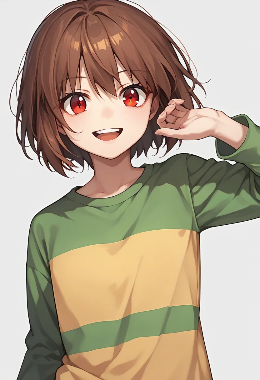 score_9, score_8_up, score_7_up, source_anime , <lora:Chara pony:0.5>, chara, 1girl, red eyes, shirt, striped, solo, brown hair, simple background, open mouth, looking at viewer, smile, upper body, grey background, striped shirt, short hair, long sleeves