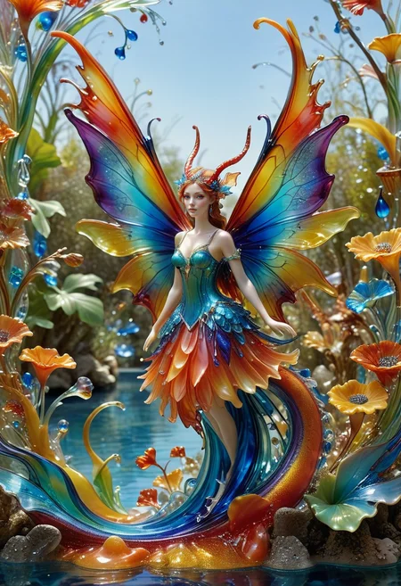 reality-shot, realism, realistic photography of a very detailed fairy, see through wings made out of colorful liquid Murano Art Glass, awesome appearance, magical landscape with enchanted elements, fantasy art style, coral theme, intricate details, ultra sharp, exquisite detail, flawless composition, vivid colors, masterpiece, exciting background <lora:Colorful_Murano_Art_Glass_style_-_SDXL:0.85>